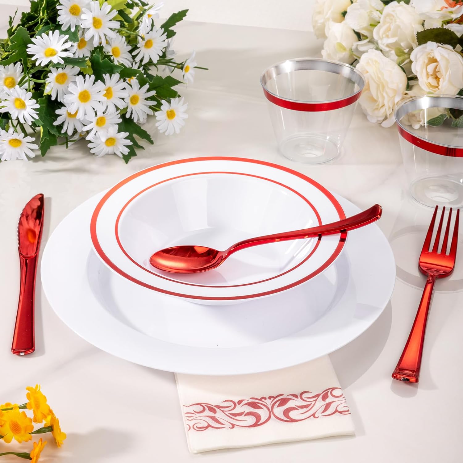 Thumbnail 1 de Goodluck 12oz Red Rim Disposable Bowls (50 Pack) — Sturdy, Elegant Party & Catering Solution
