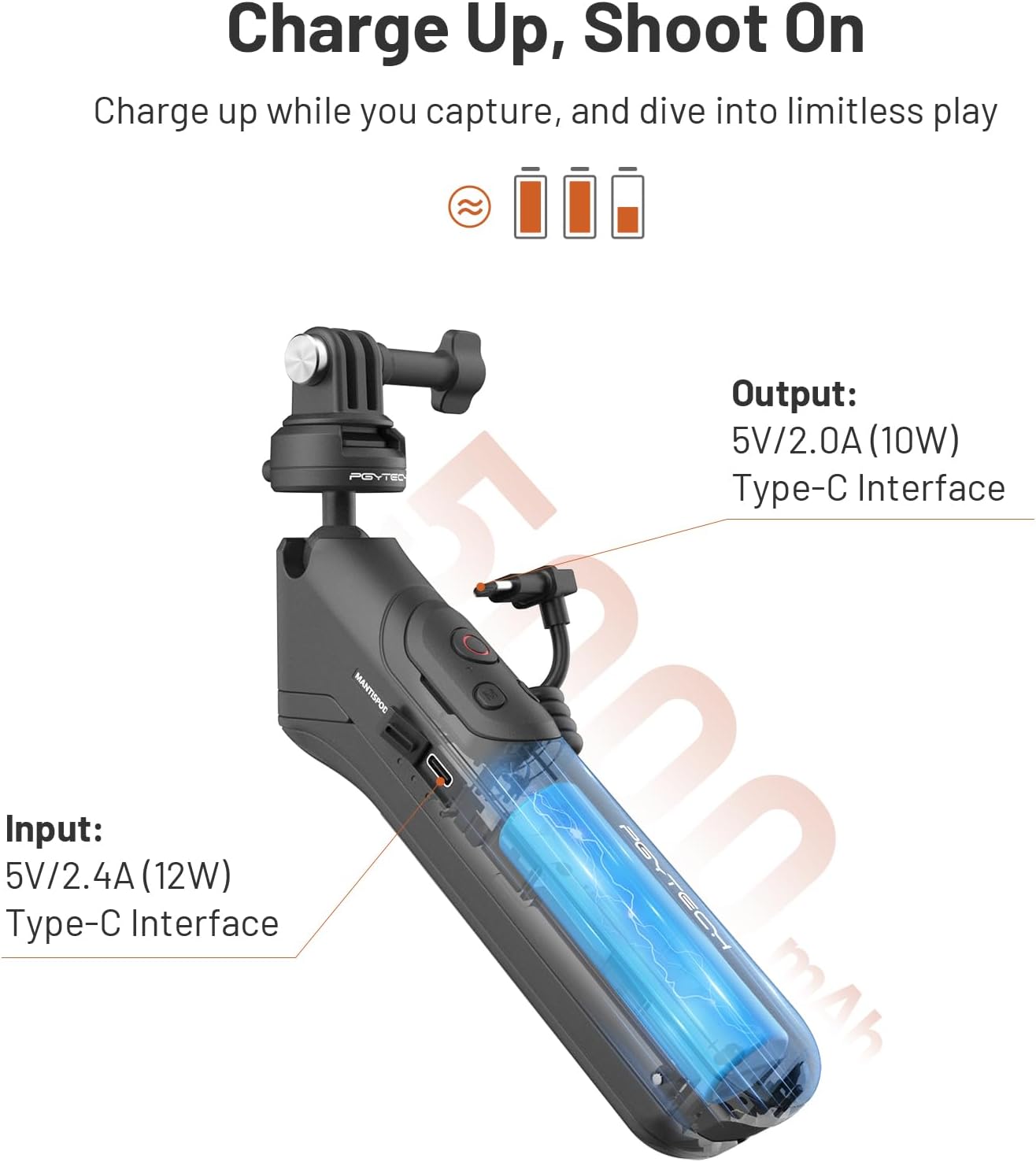 Detalle 2 de PGYTECH CapLock MantisPod Power Support con batteria 5000mAh e telecomando per GoPro