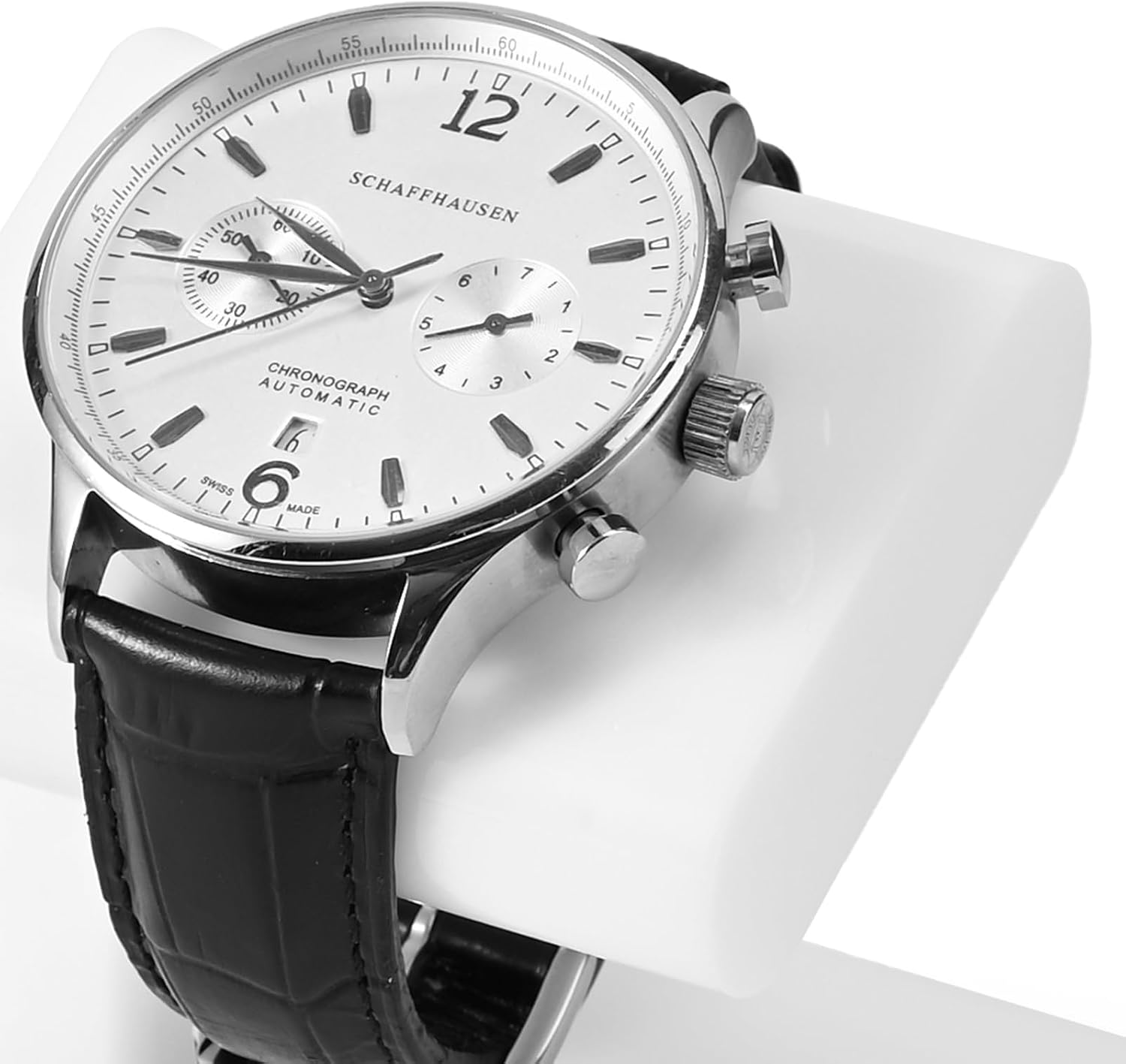 Detalle 2 de Woodten Acrylic Single Watch Stand, White, with Curved Cradle and Wide Base