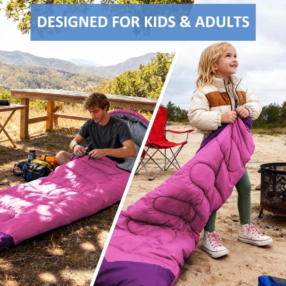 Detalle de oaskys 3-Season Sleeping Bag, 50–68°F, Two-Way Zipper, Pink