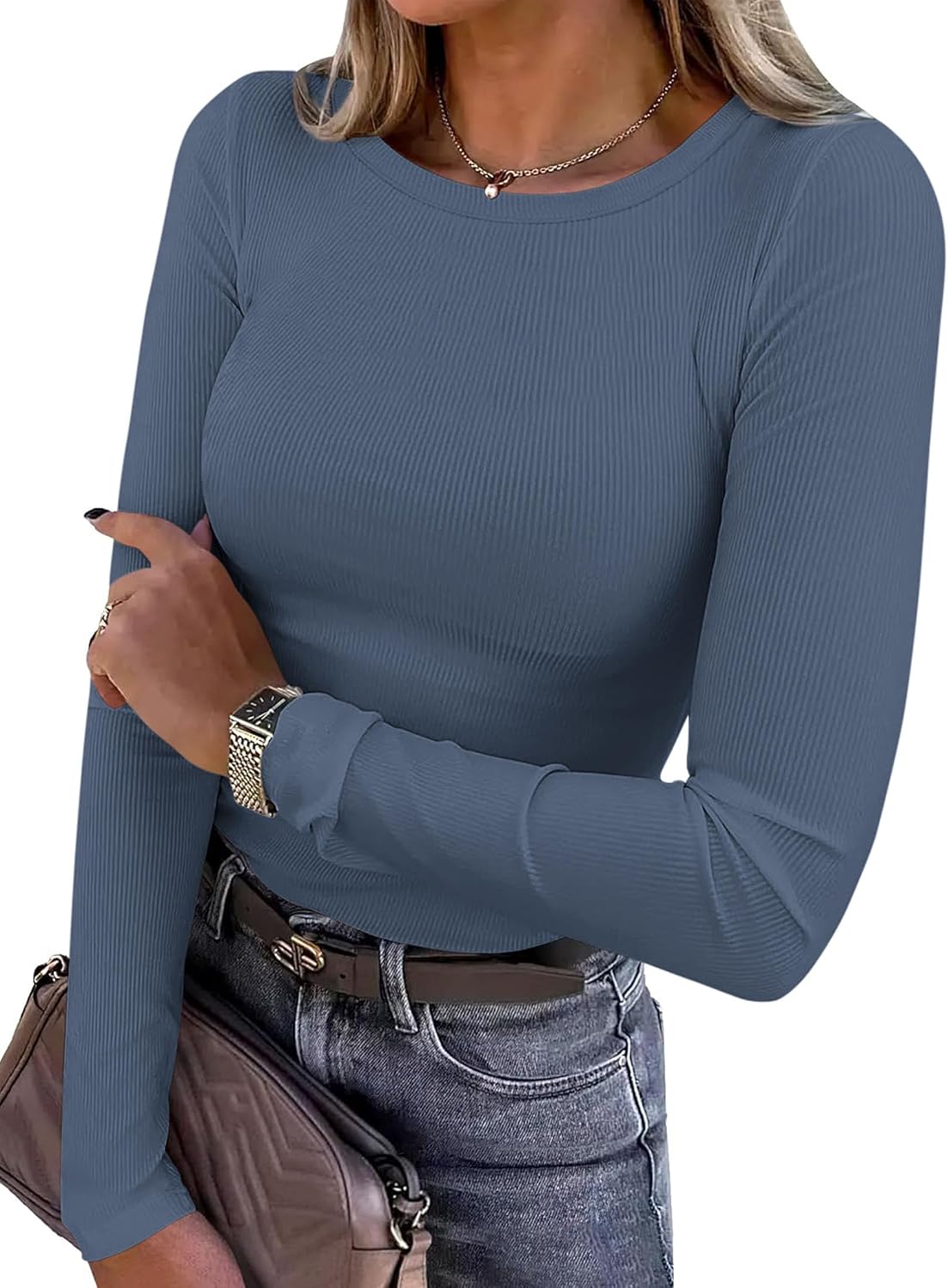 Detalle de PRETTYGARDEN Women's Ribbed Long-Sleeve Crewneck Tee, Slim-Fit Solid Colour