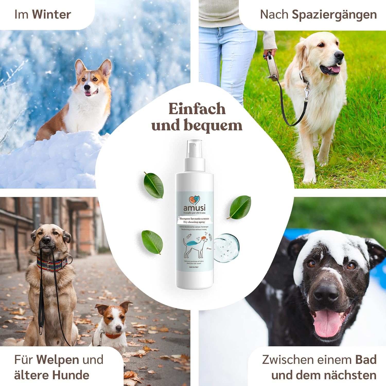 Detalle de amusi Spray für Hunde 250 ml – Flohshampoo gegen Juckreiz, pH-neutral, vegan und Made in Italy