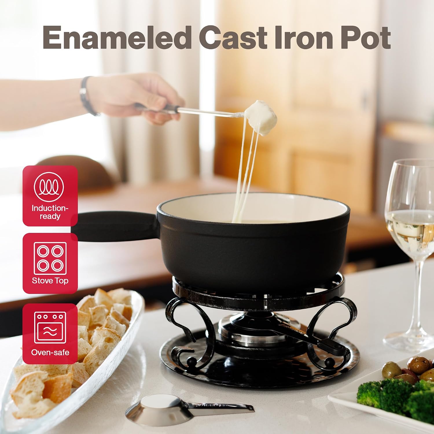 Detalle 2 de Swissmar Lugano Cast Iron Cheese Fondue Set, 9-Piece (2 QT) in Matte Black