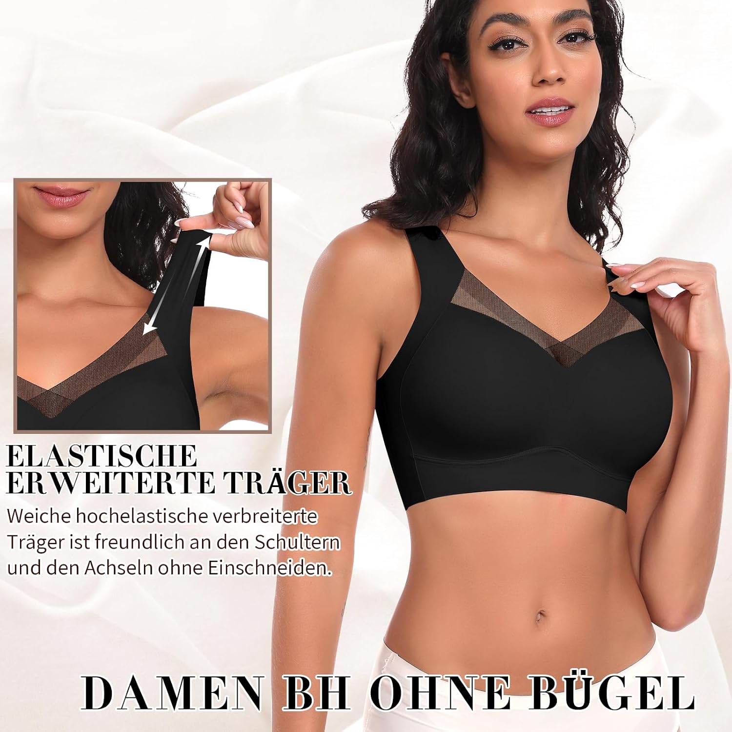 Detalle de Nahtloser Damen BH ohne Bügel (55% Nylon, 45% Spandex) – Komfort Soft Bustier & T-Shirt Bralette mit gepolsterten, abnehmbaren Cups