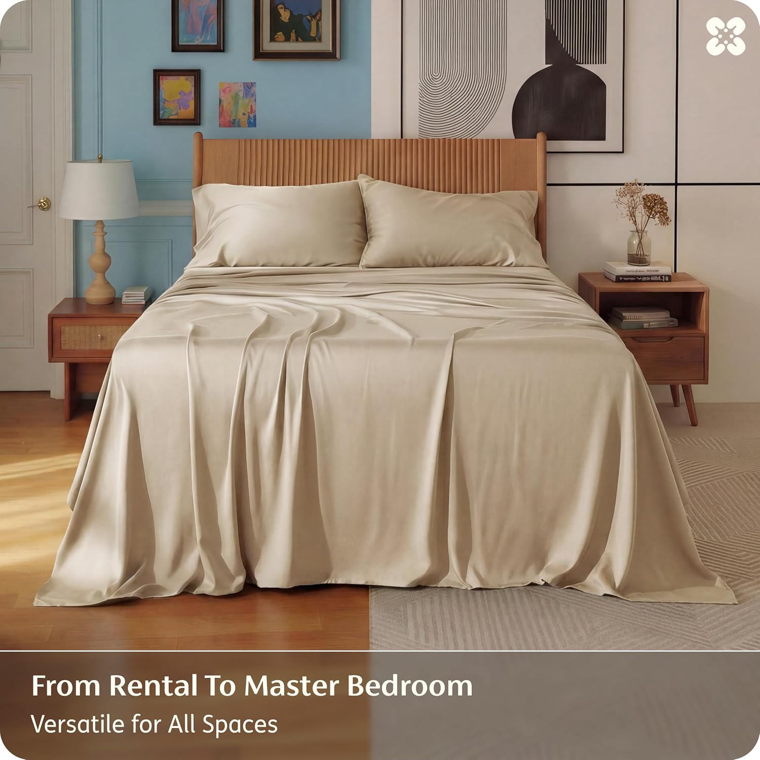 Detalle 2 de Bedsure King Bamboo Rayon Sheet Set, 4-Piece, Beige, Deep-Pocket Fit