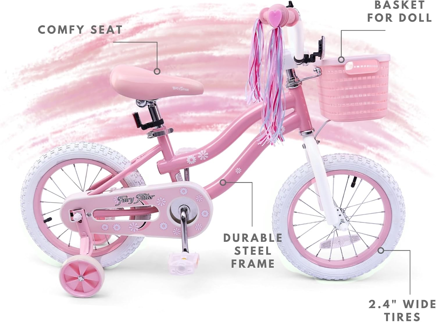 Thumbnail 4 de Bicystar Girls Bike for Kids Ages 2–5, 12/14/16/18 Inch Pink Bicycle with Training Wheels, Basket & Streamers