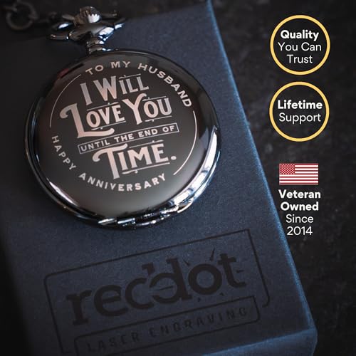 Detalle de Red Dot Laser Engraving Anniversary Pocket Watch for Husband – Engraved Silver Stainless Steel