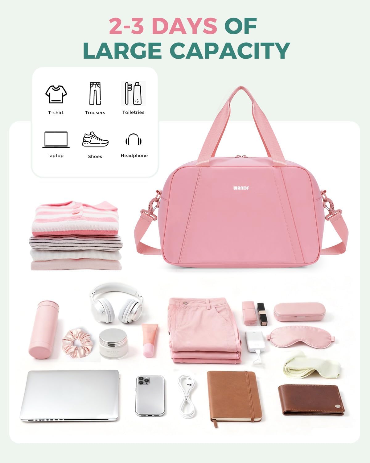 Thumbnail 3 de WANDF Ryanair cabin bag 40x30x20 underseat foldable travel duffel (Pink, 20L)