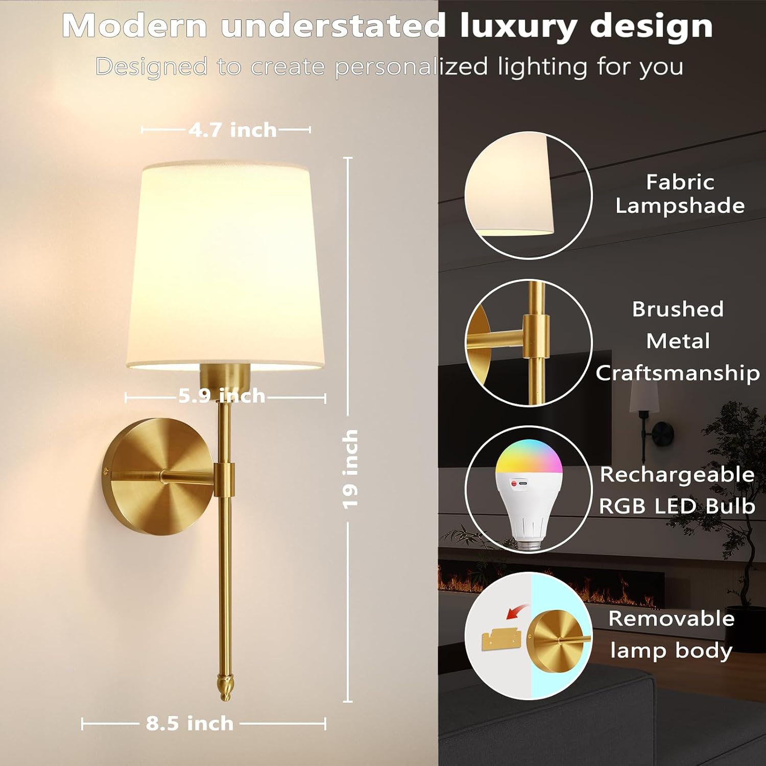 Detalle 2 de Ouyulong WS-01 Battery-Operated Wall Sconces, Set of 2, Gold, RGB and Remote