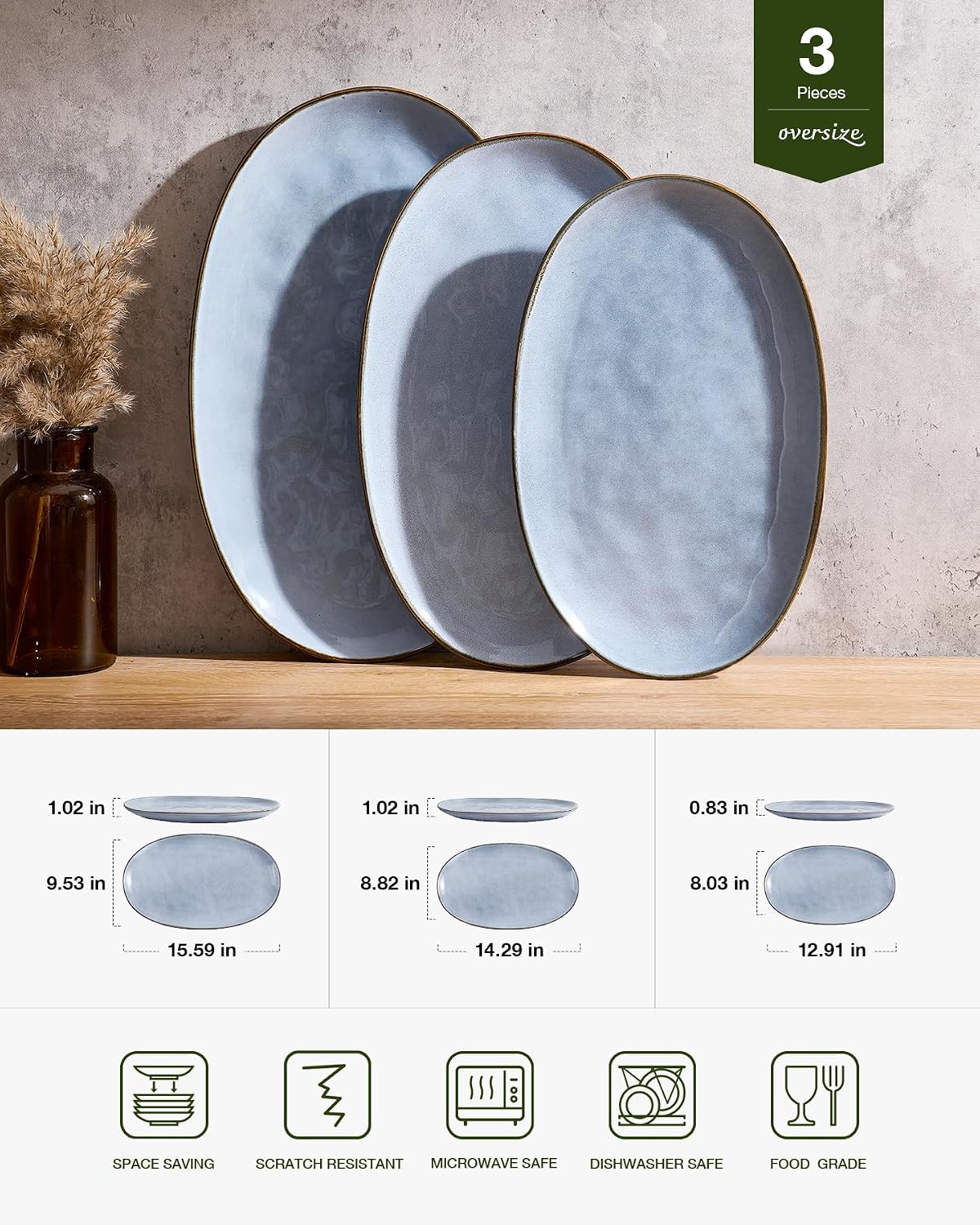 Thumbnail 1 de Famiware Ocean Series Oval Serving Platter Set (Large, Medium, Small) in Blue