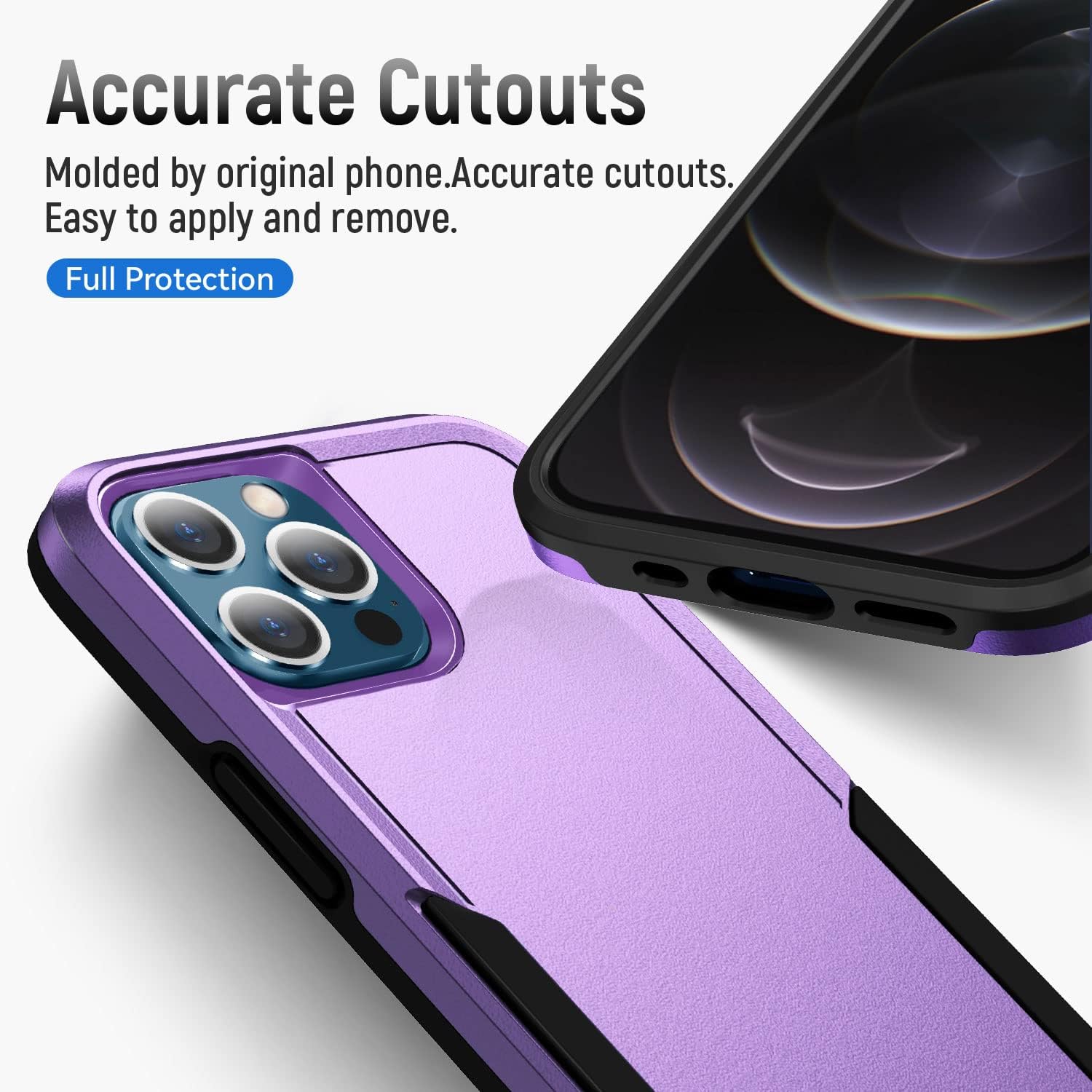 Detalle de Warsia iPhone 12/12 Pro Case with HD Screen Protector – Purple, Military Grade