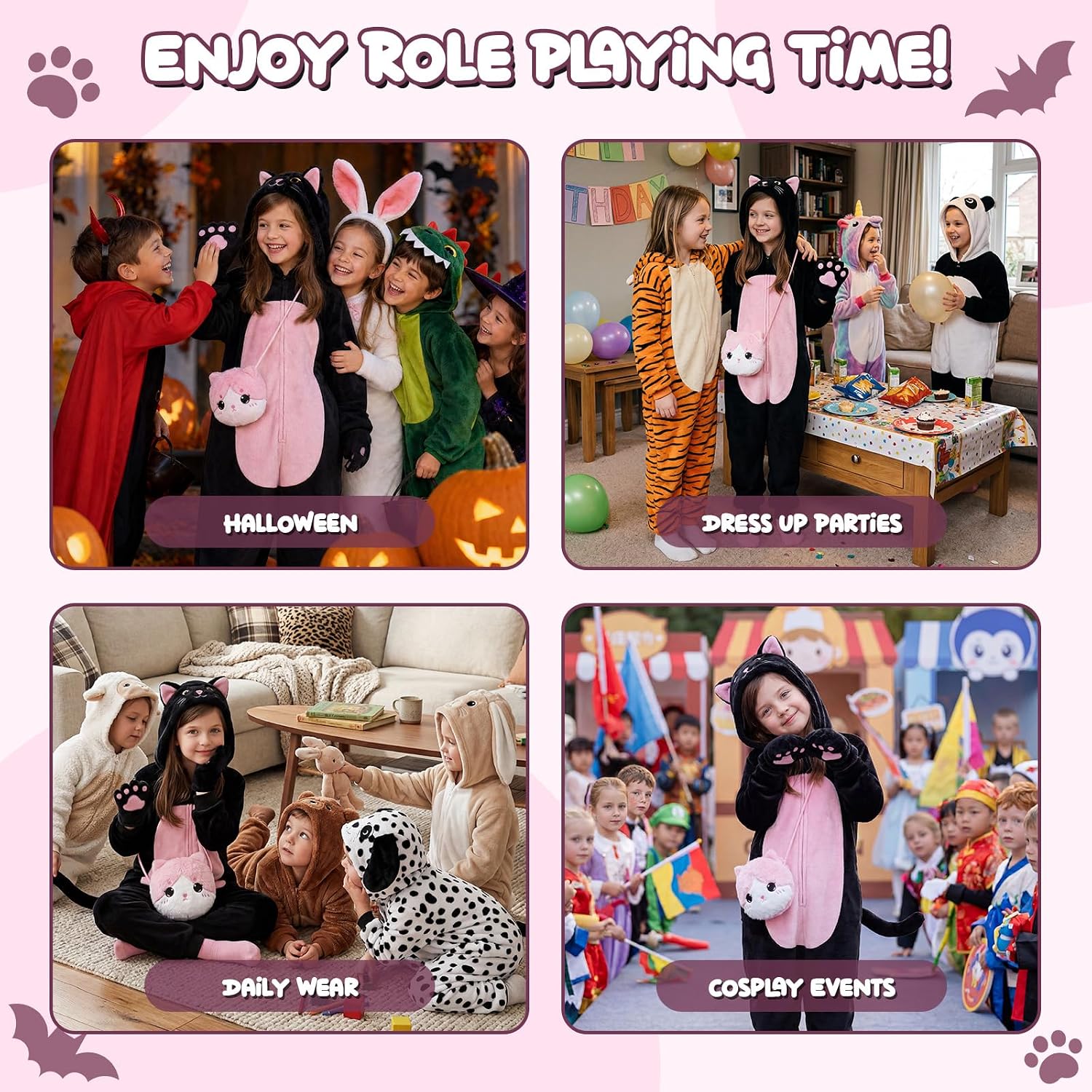 Detalle de Joycover Black Cat Costume for Girls, Flannel Onesie with Hood, Tail & Purse