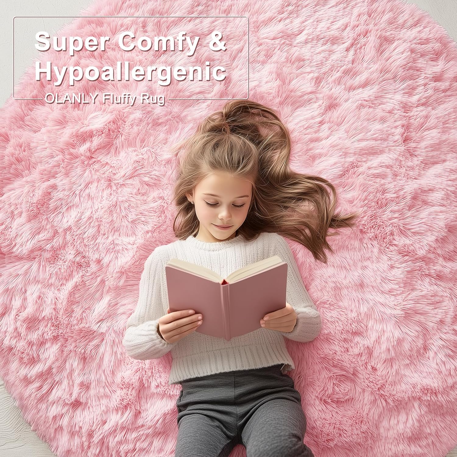 Thumbnail 5 de OLANLY Pink Round Rug for Bedroom: Machine Washable, 4 ft Circle with Plush 1.4-Inch Pile