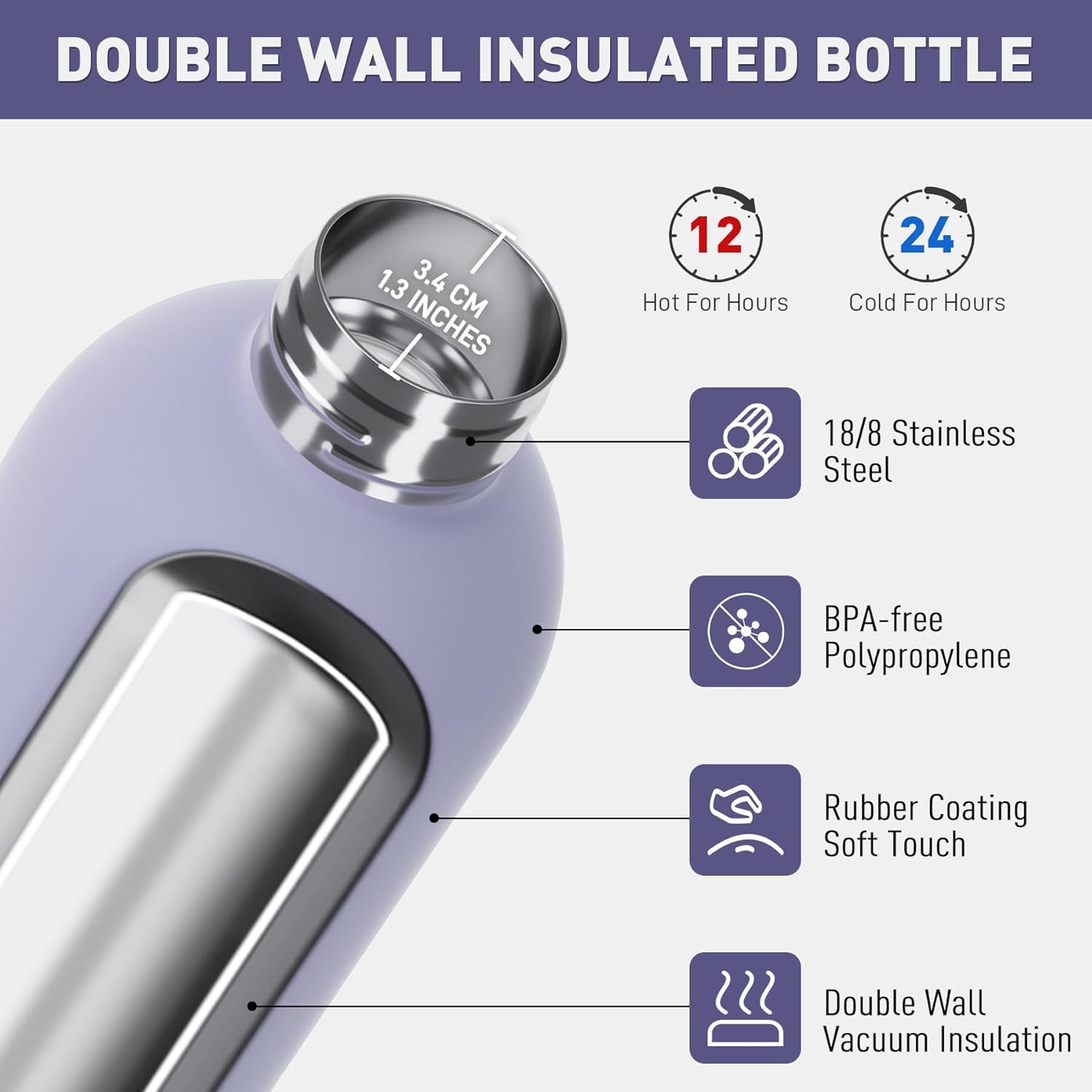 Thumbnail 1 de Exllena Exllena Water Bottle 350ml with Clip – Double Wall Vacuum Insulated (Purple, BPA free)