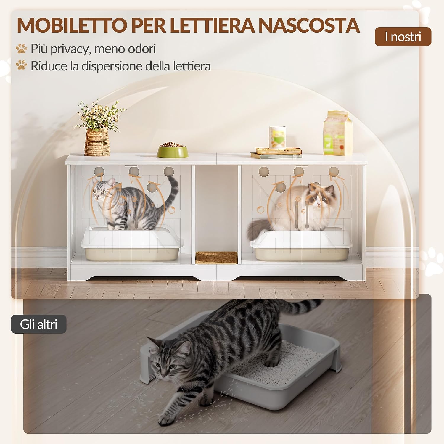 Detalle de Fobyfurny Mobile Lettiera per Gatti a Due Posti con Mobiletto Nascosto e Tappetino Graffiante (Bianco, 140 x 50 x 55 cm) – Versatile e Discreto