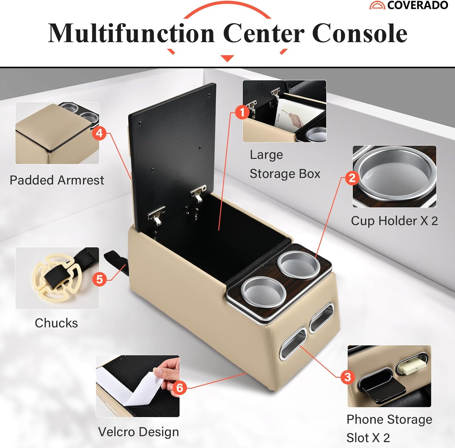 Thumbnail 1 de Coverado Upgrade Auto Mittelkonsole für Rückbank (Beige, Universal)