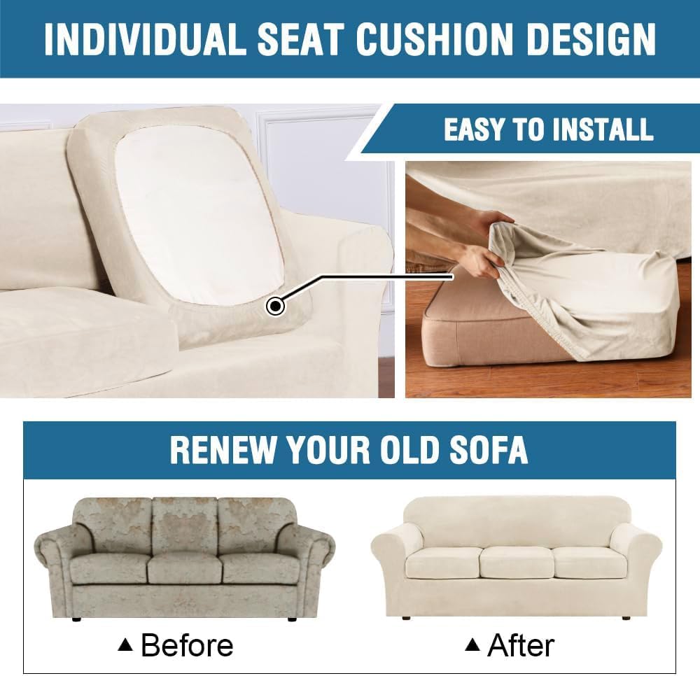 Thumbnail 4 de H.VERSAILTEX 3 Piece Stretch Sofa Covers for 2-Cushion Couch (Cream, Medium) – A Practical Upfit for Old Furniture