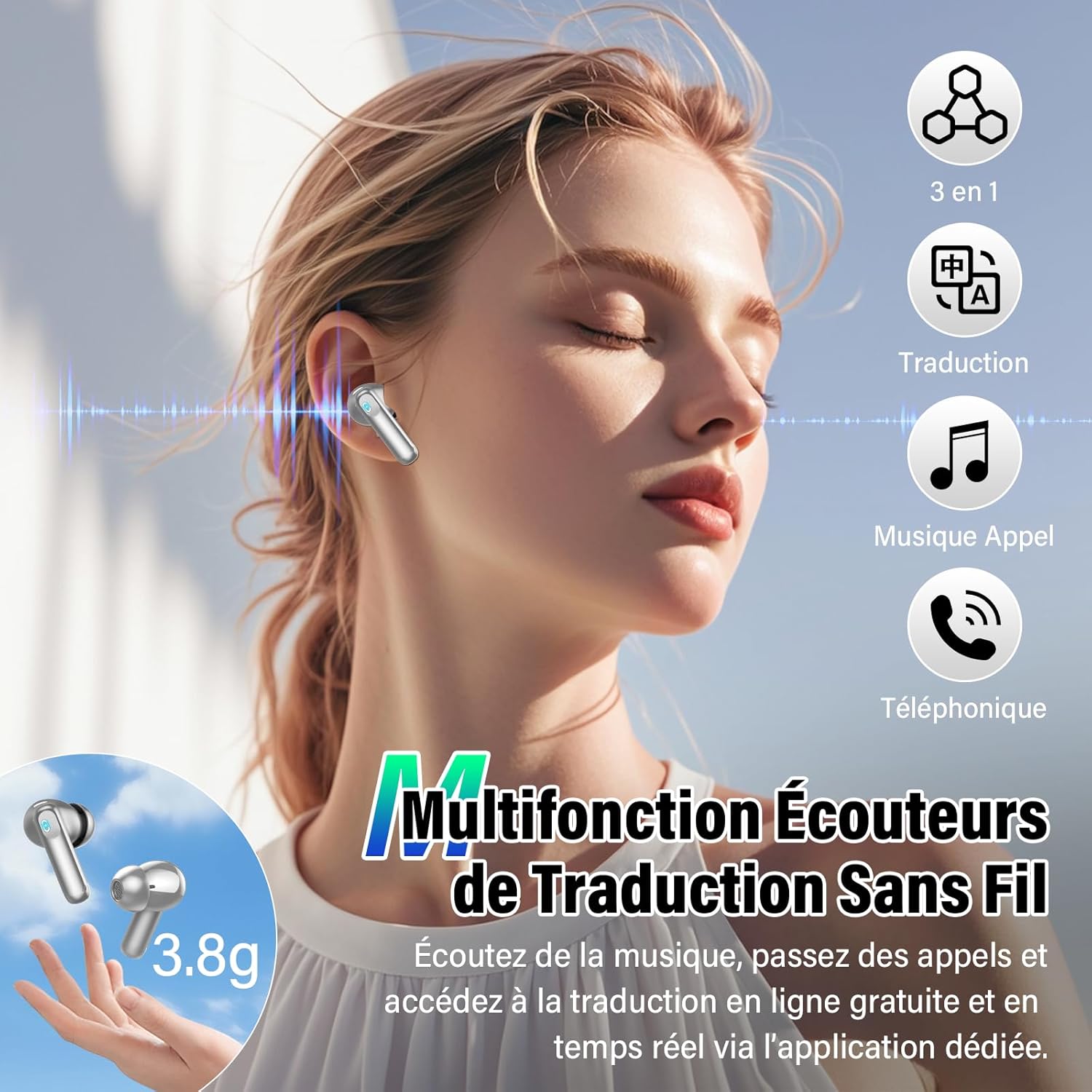 Thumbnail 4 de QXUFV AI Écouteur Traducteur instantané jusqu’à 164 langues avec ANC/ENC et écran tactile LED (gris)