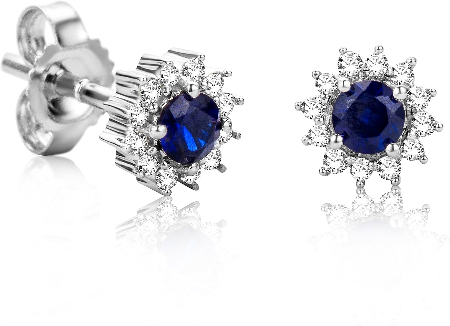 Detalle de Orecchini Orovi in Oro Bianco con Diamanti Naturali e Zaffiri Blu – Bottoncino a lobo, 9K 375