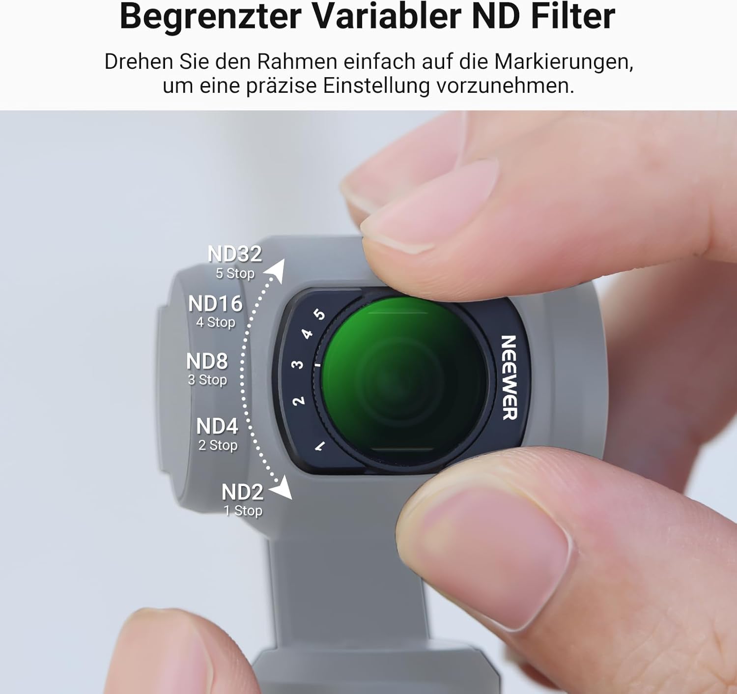 Detalle de NEEWER Variabler ND Filter für DJI Osmo Pocket 4 & 3 – magnetisch, multischicht, inkl. Displayschutz und Etui