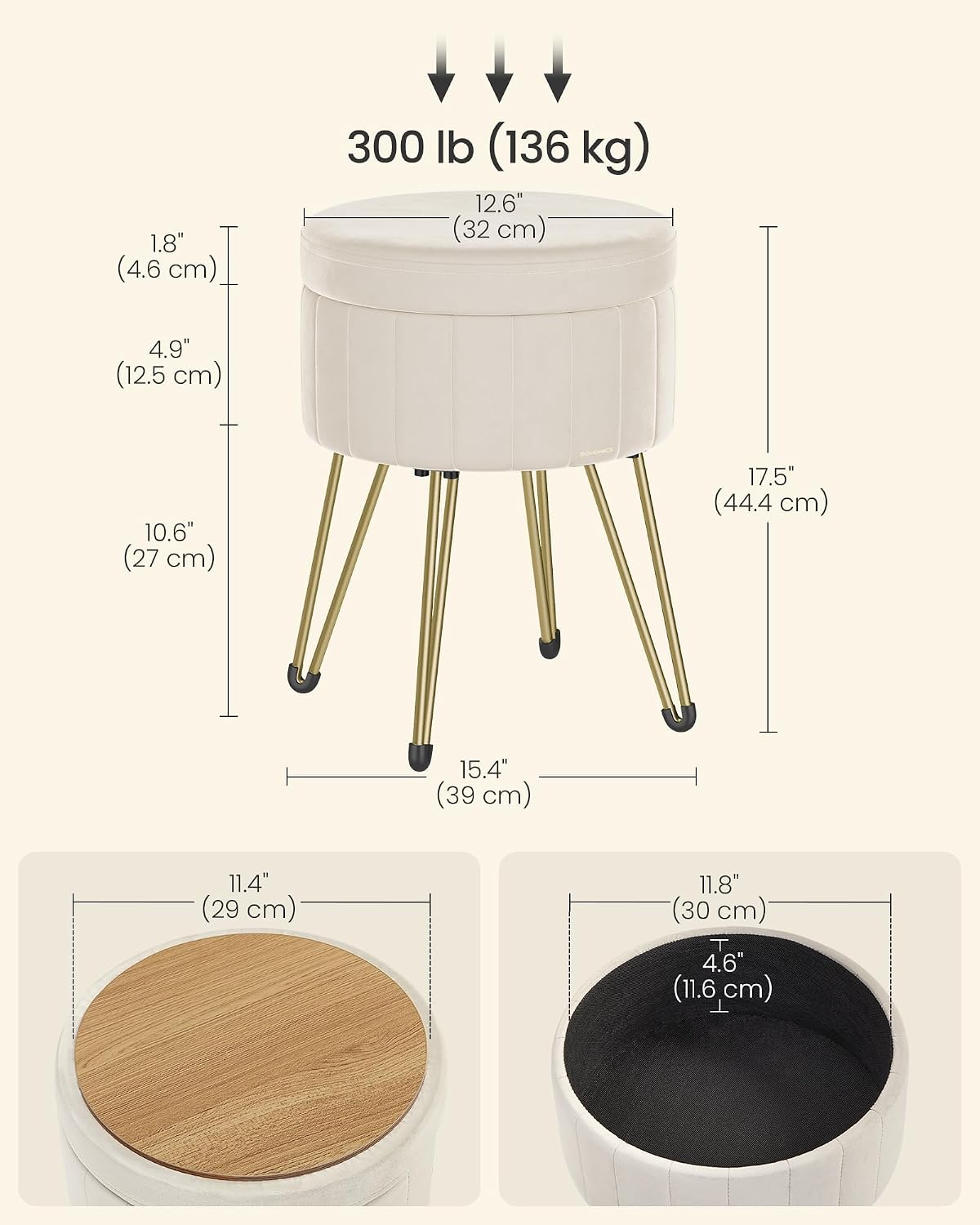 Detalle de SONGMICS Velvet Storage Ottoman Dressing Table Stool 39 x 44.4 cm, Cream White (LOM003W51)