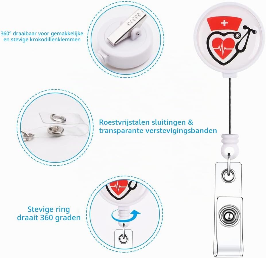 Detalle 2 de Vicloon intrekbare badgehouder, set van 8 met clip en zorgmotieven