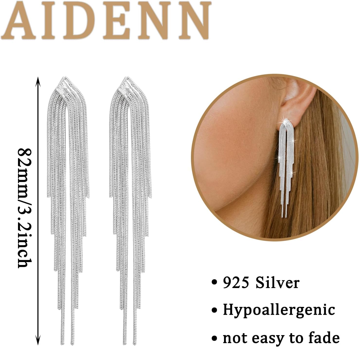 Detalle de Aidenn Ohrringe aus Silber 925 mit Cubic Zirkonia, lange Hängeohrringe & Quasten (hypoallergen)