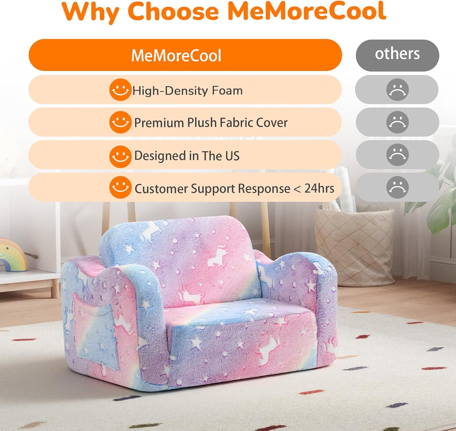 Detalle de MeMoreCool Glowing Rainbow Unicorn Kids Chair (Convertible 2-in-1 Fold-Out Kids Couch)