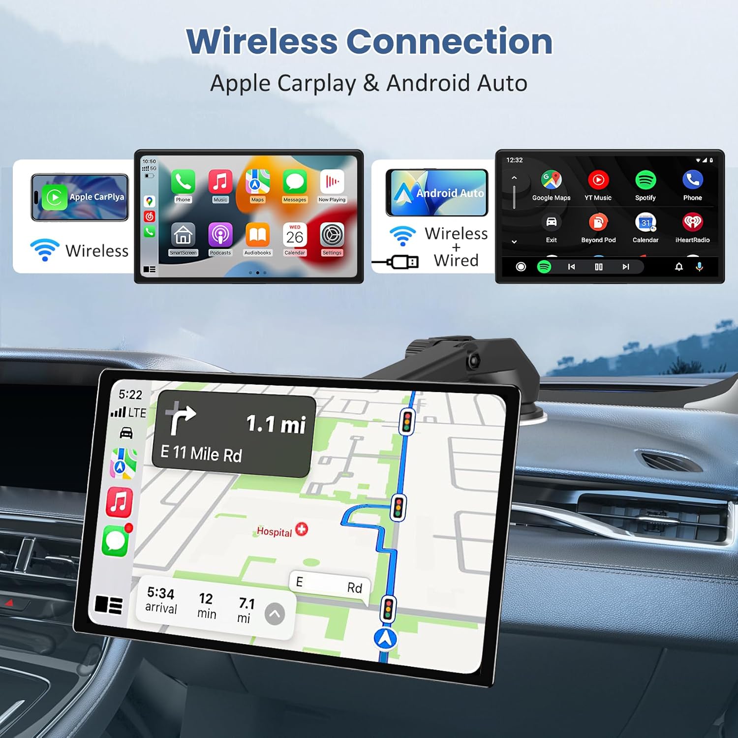 Detalle de Largest 11.3" Portable Carplay Screen with Wireless CarPlay/Android Auto and 4K Dash Cam
