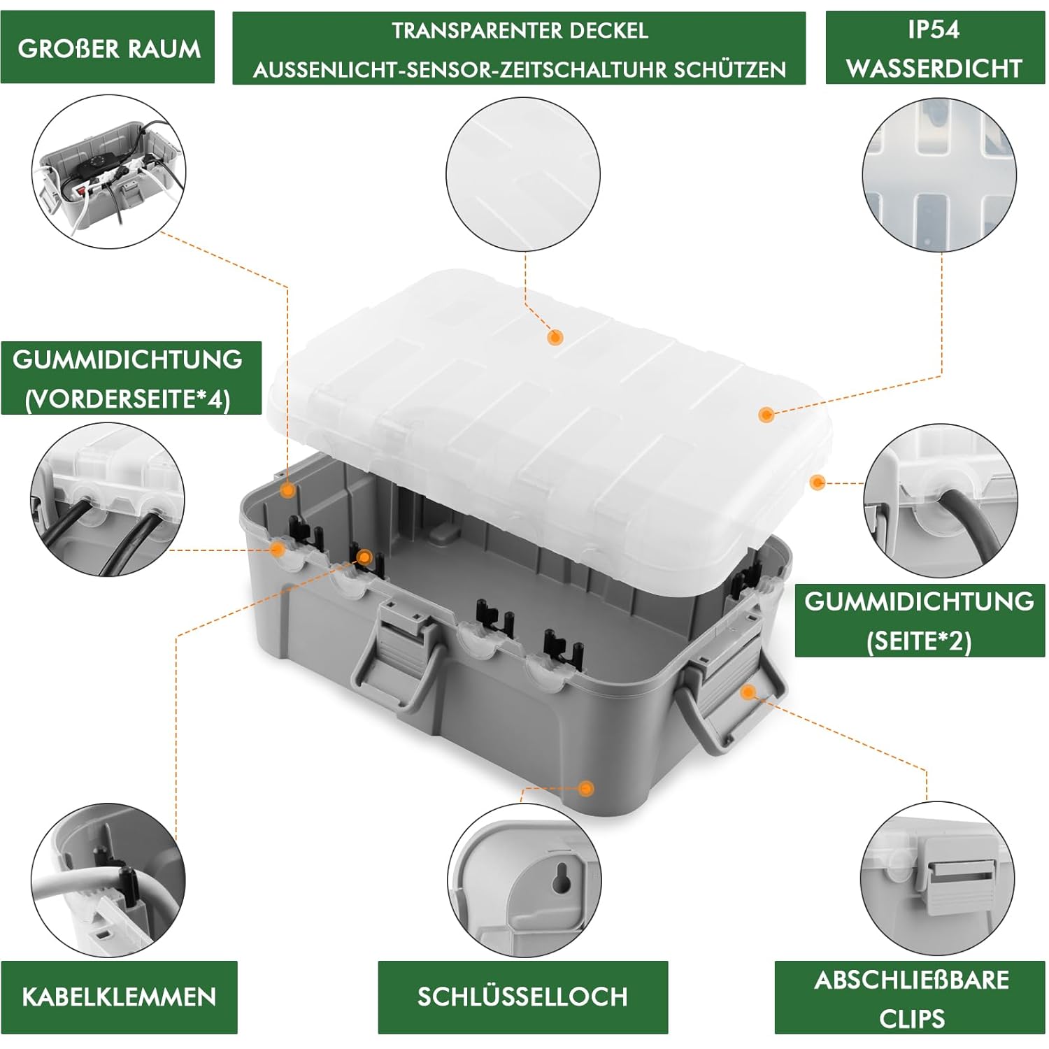 Thumbnail 4 de RESTMO Große wasserdichte Kabelbox für den Außenbereich – IP54, 32 × 22 × 13 cm, transparentes Grau