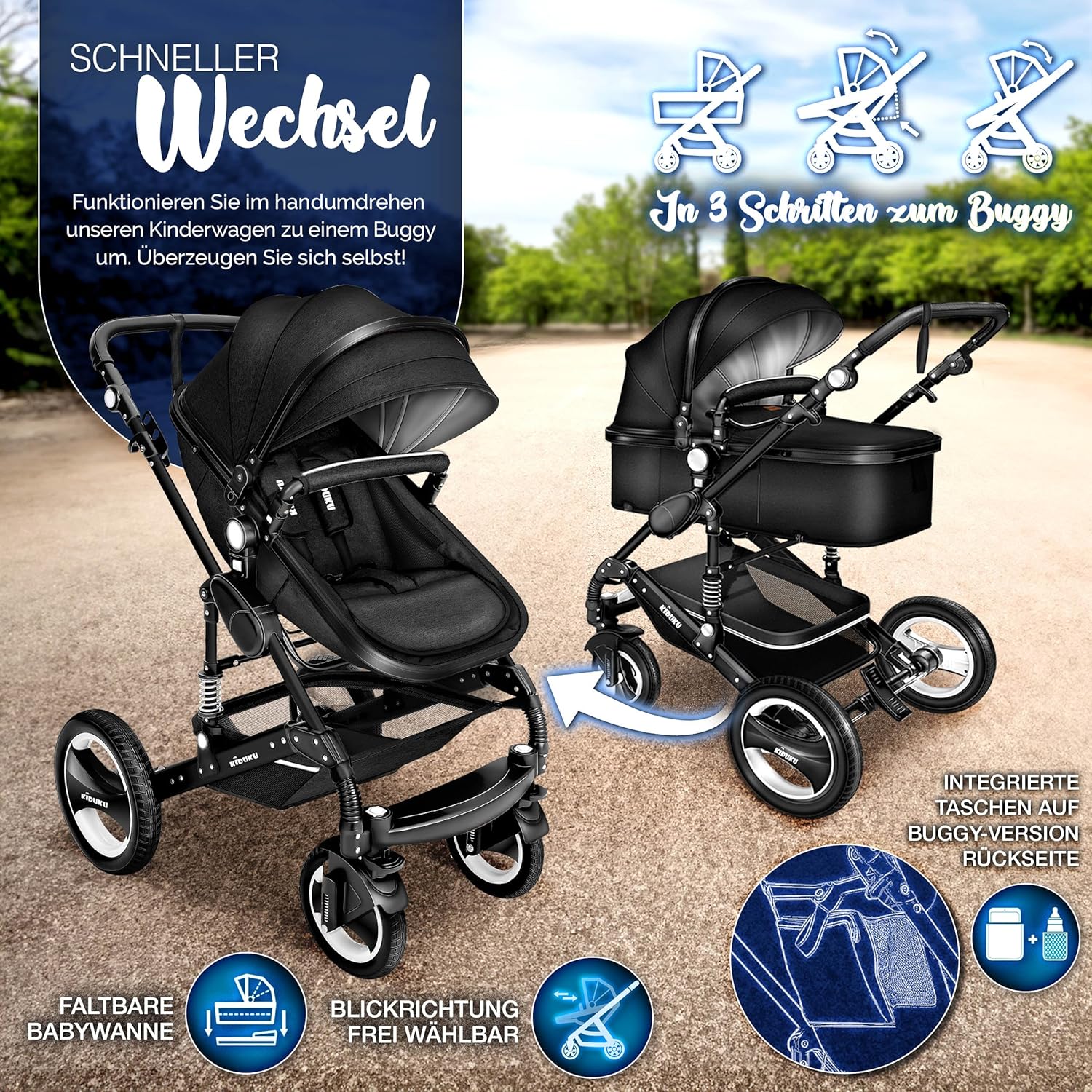 Thumbnail 4 de KIDUKU 3 in 1 Kinderwagen XXL Komplettset – Vollständiges Set mit Babywanne, Buggy, Sportsitz & Auto-Babyschale
