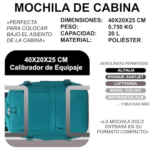 Detalle de Mochila de viaje cabina expandible 1990s Verde 40x25x20-25 cm, 25 L con compartimento para zapatillas y portátil de 14