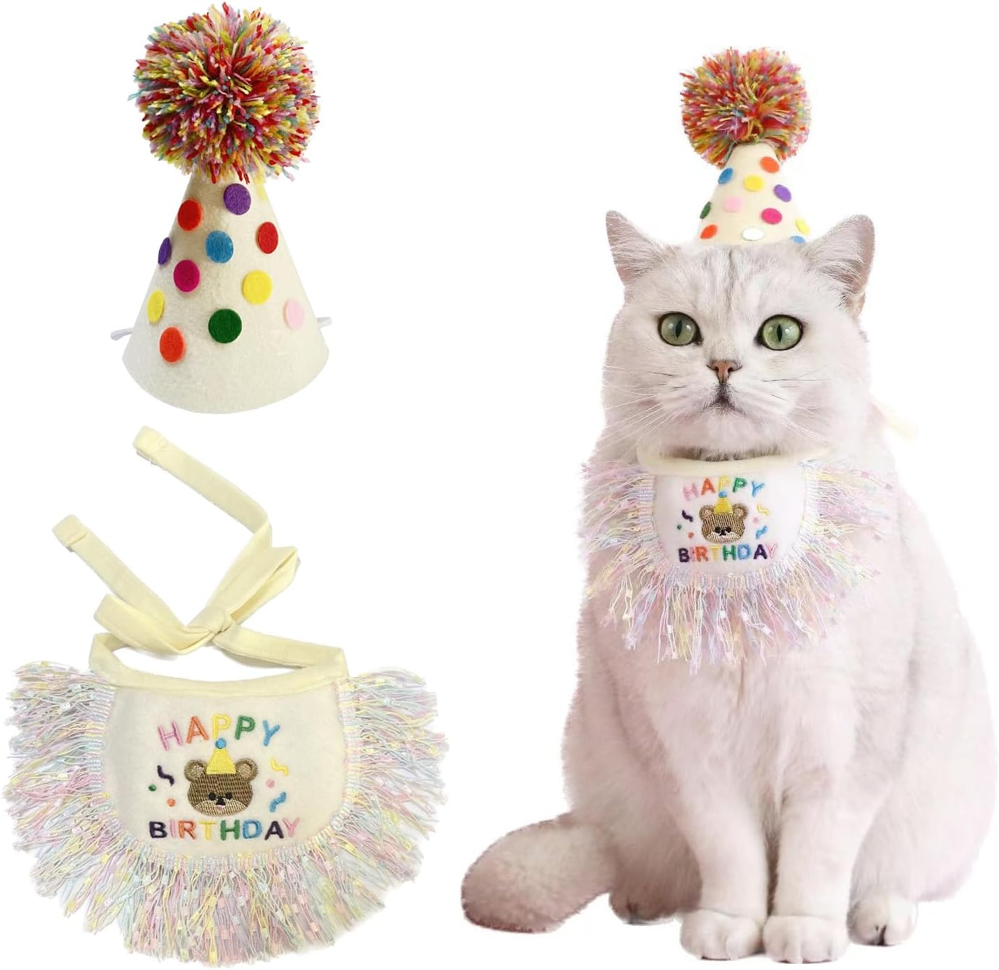 Cat Birthday Bandana and Party Hat Set with Embroidered Happy Birthday