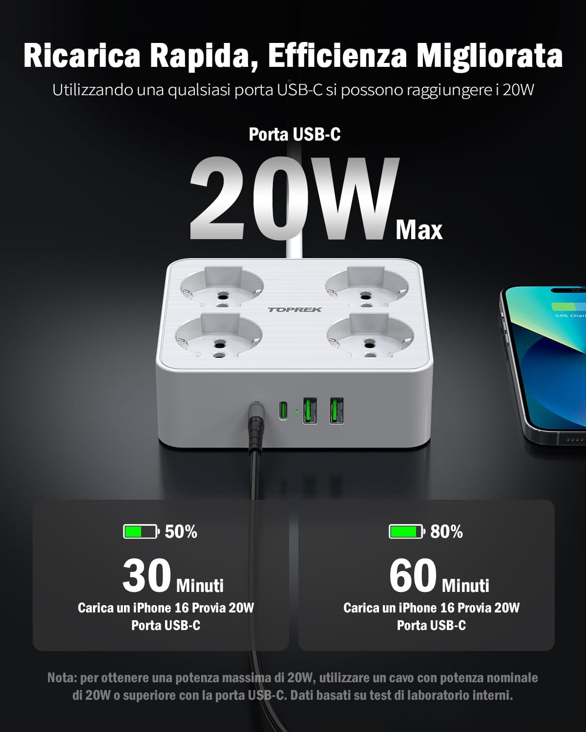 Thumbnail 2 de TOPREK Ciabatta Multipresa Elettrica 12-in-1: 8 prese universali con USB-C PD 20W, prolunga 2 m e design angolare