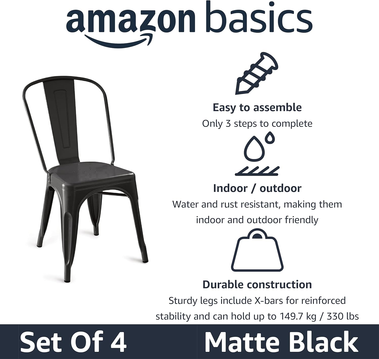 Thumbnail 3 de Amazon Basics Set of 4 Black Metal Dining Chairs with Backrest
