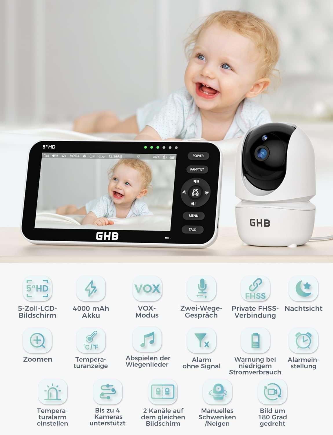 Detalle 2 de GHB Babyphone mit Kamera 5 Zoll – 720P HD Display, VOX Schlafmodus und 168 Stunden Akkulaufzeit