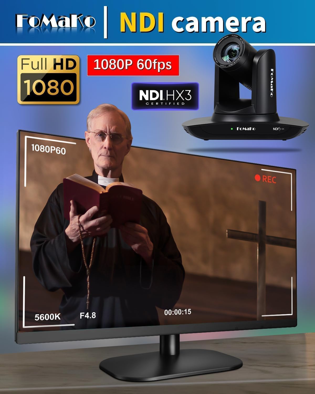 Detalle de FoMaKo Caméra NDI HX3 PTZ avec suivi IA — 20x zoom, 1080p60, PoE, NDI 6 certifiée