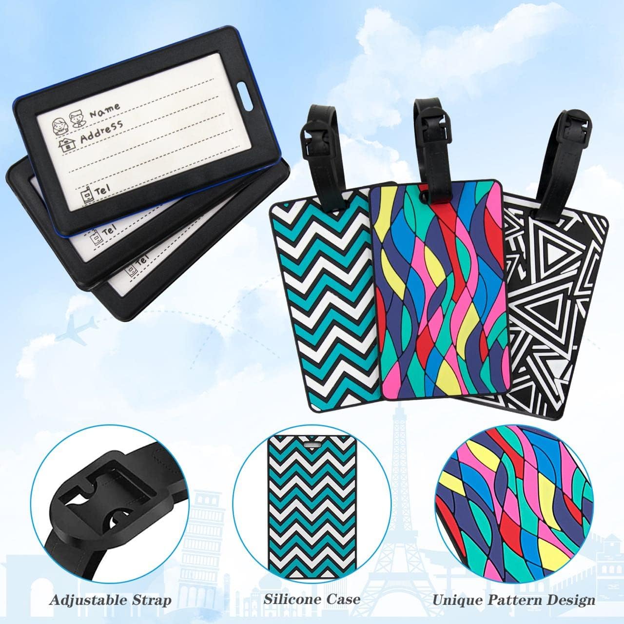 Detalle de 6Pcs Luggage Tag Set with Colourful Geometric Pattern – Silicone Travel Labels for Suitcases and Bags
