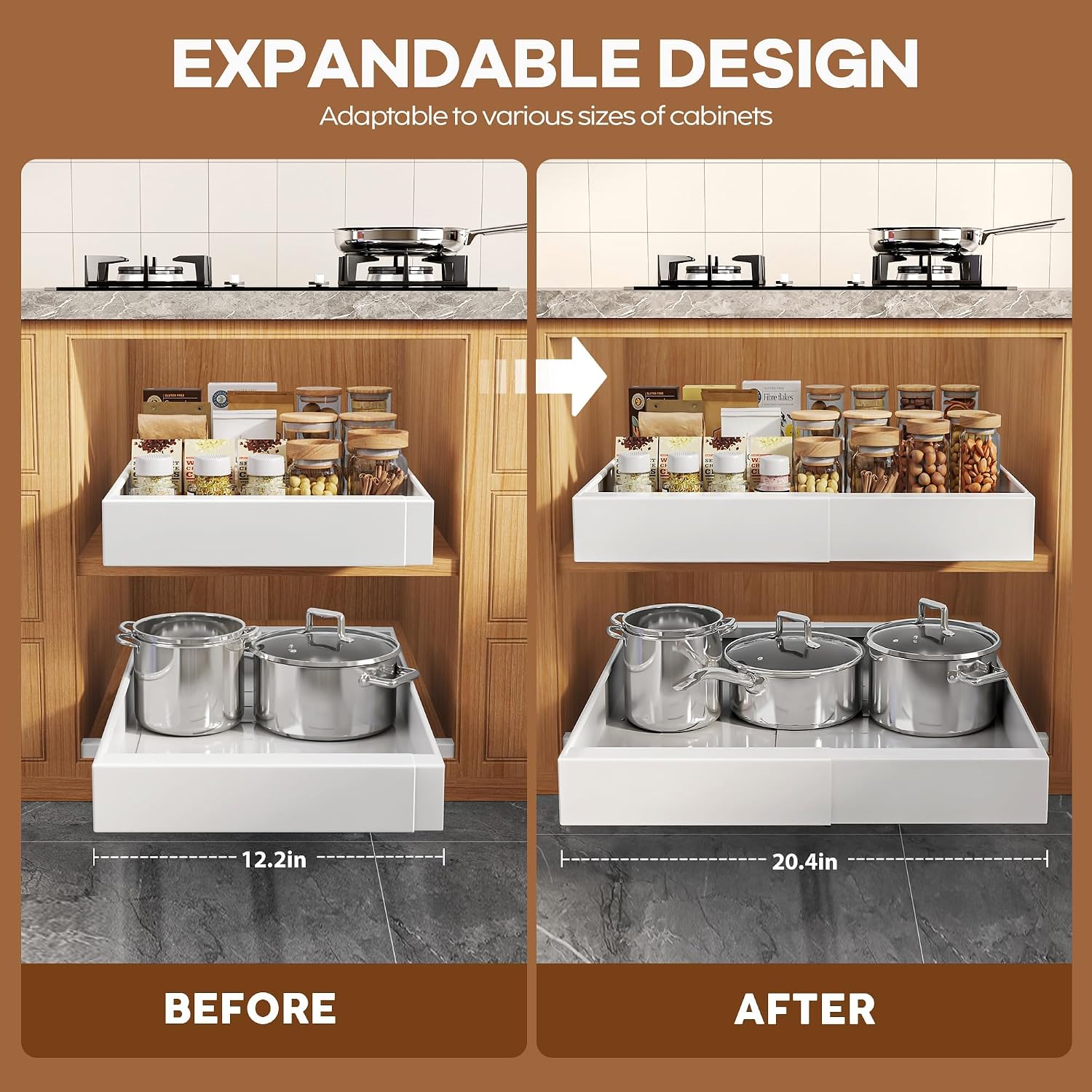 Detalle de Seinloes 1 Pack Expandable Pull Out Cabinet Organizer — 21" Deep with Raising Pad, 3-Rail Slide Out Drawers, Adjustable Width 12.05"–20.4", White