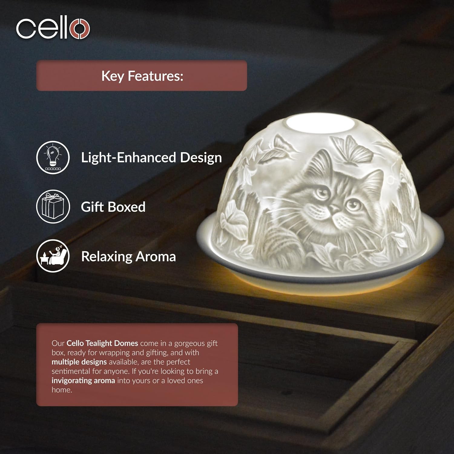 Thumbnail 4 de Porzellan Teelichthalter „Dome“ mit 3D-Projektionsmotiv – Katzendesign als LED-/Teelicht-Wachswärmer