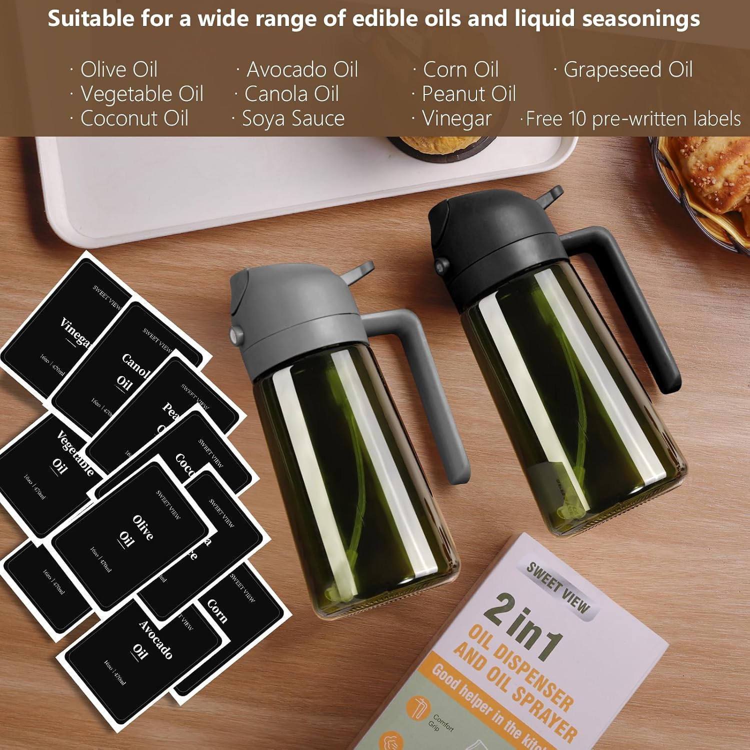 Thumbnail 6 de SWEET VIEW Olivenölspender & Ölsprüher (470 ml) aus Glas – lichtdicht, anti-tropf, 2-in-1 für Küche, Airfryer, Salat & Grill