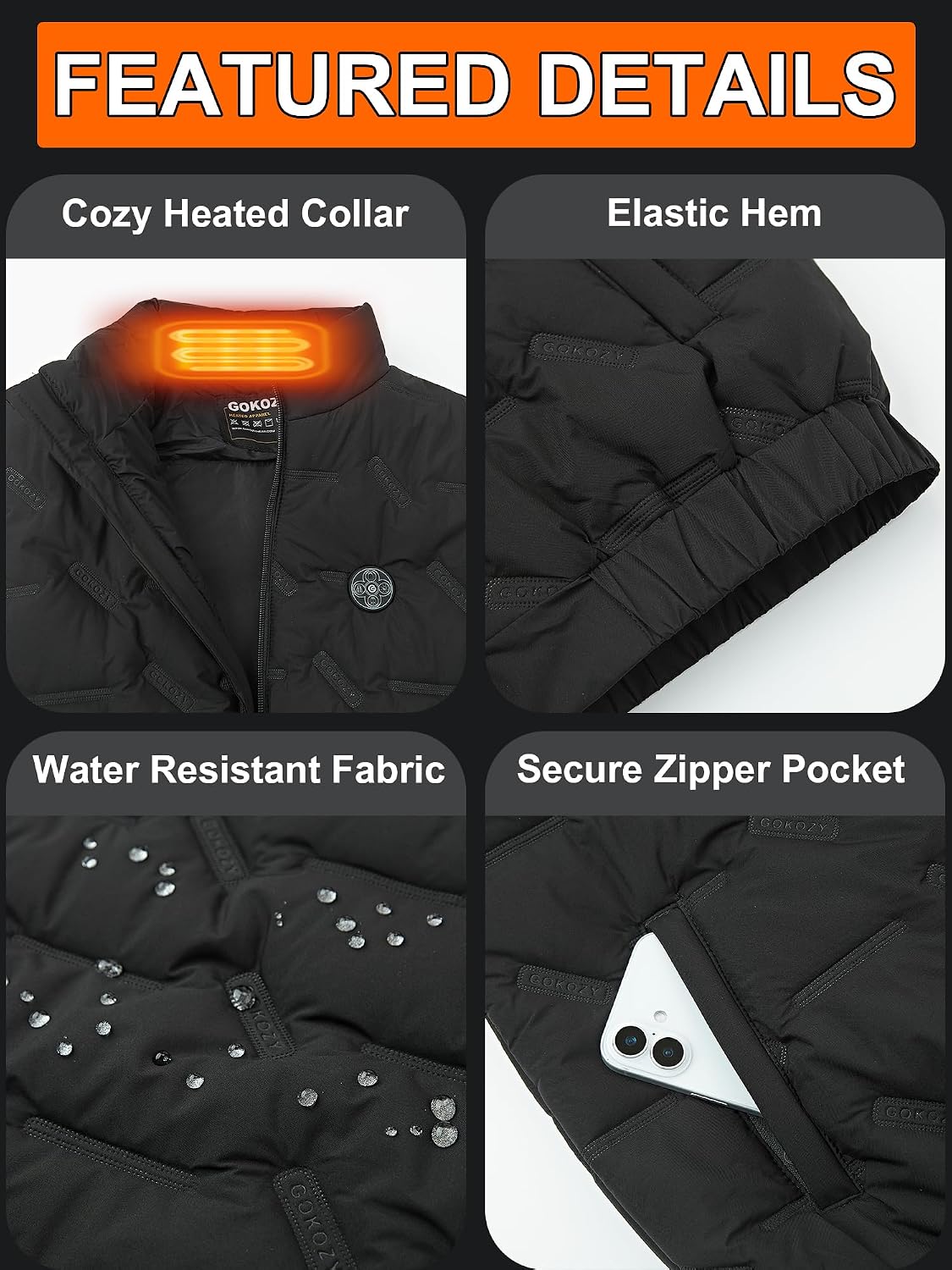 Detalle 2 de GOKOZY Men's Heated Vest, 15 Heating Zones, 12V 20,000mAh Battery