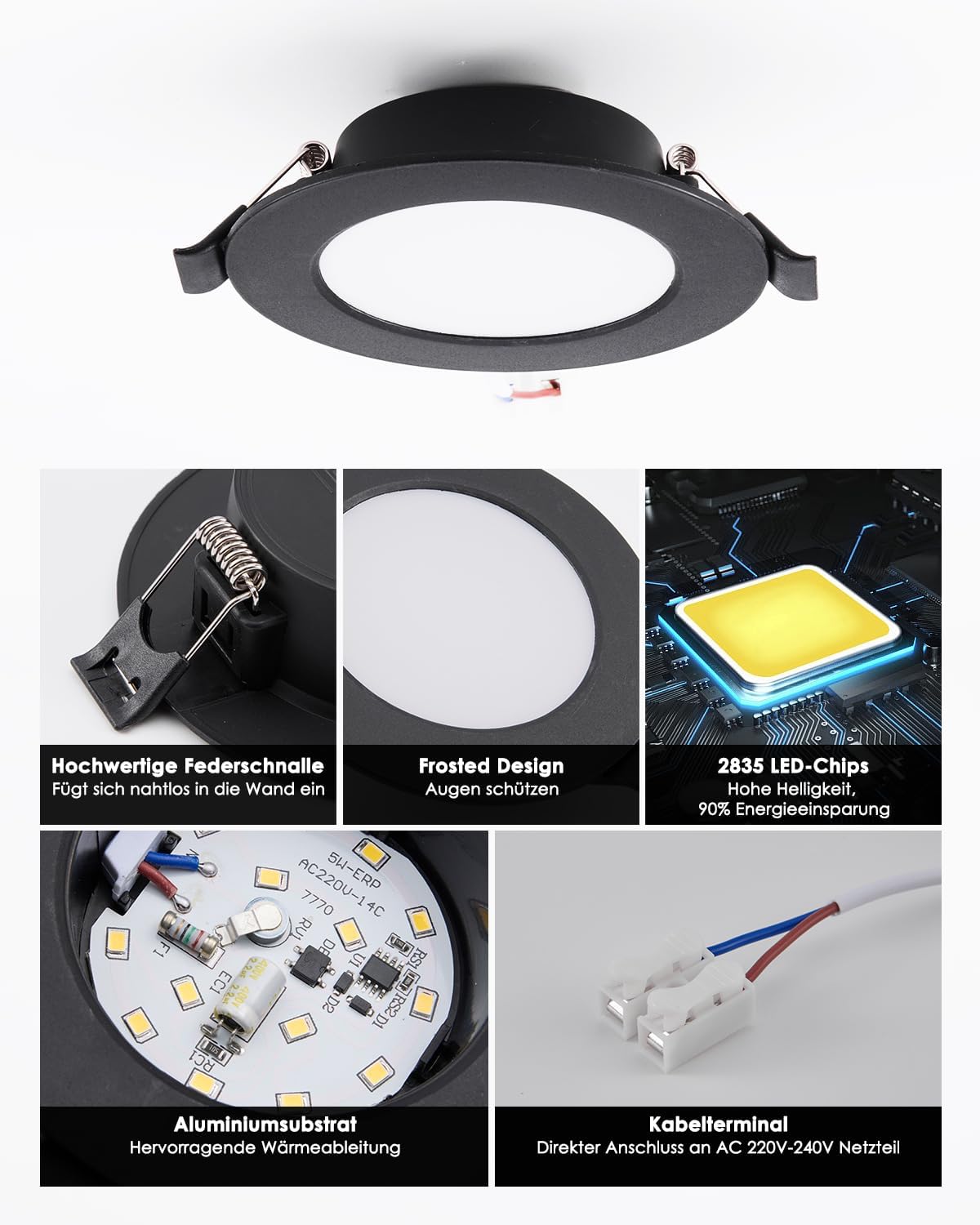 Thumbnail 4 de Grebeam LED Deckenspots Schwarz, 5W – 20er Set, IP44, 3000K Warmweiß, 450 lm, Ø75–90 mm, Einbauleuchten für Bad