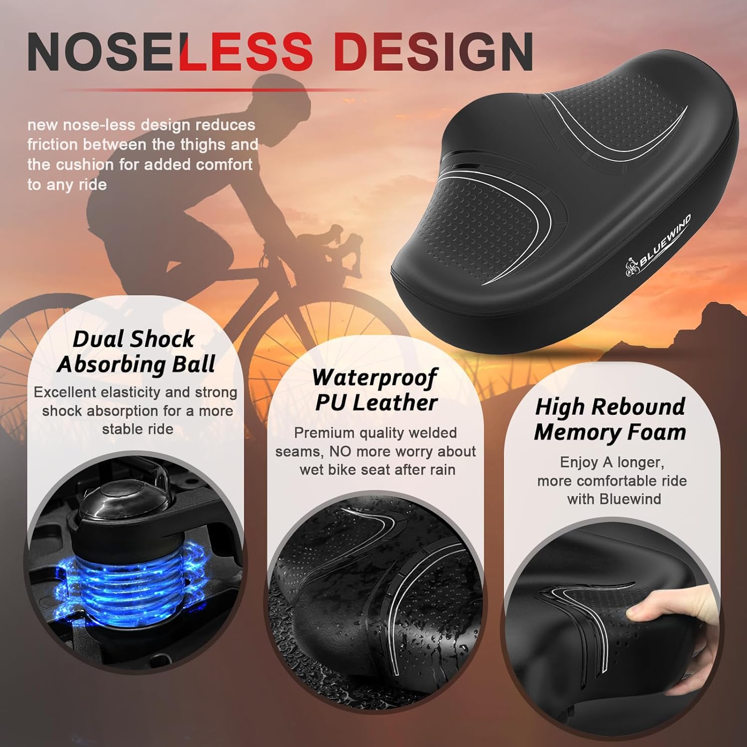 Detalle 2 de BLUEWIND Noseless Oversized Bike Seat (Wide, 13" cushion) for Electric Bikes, Stationary Bikes & Exercise Seats