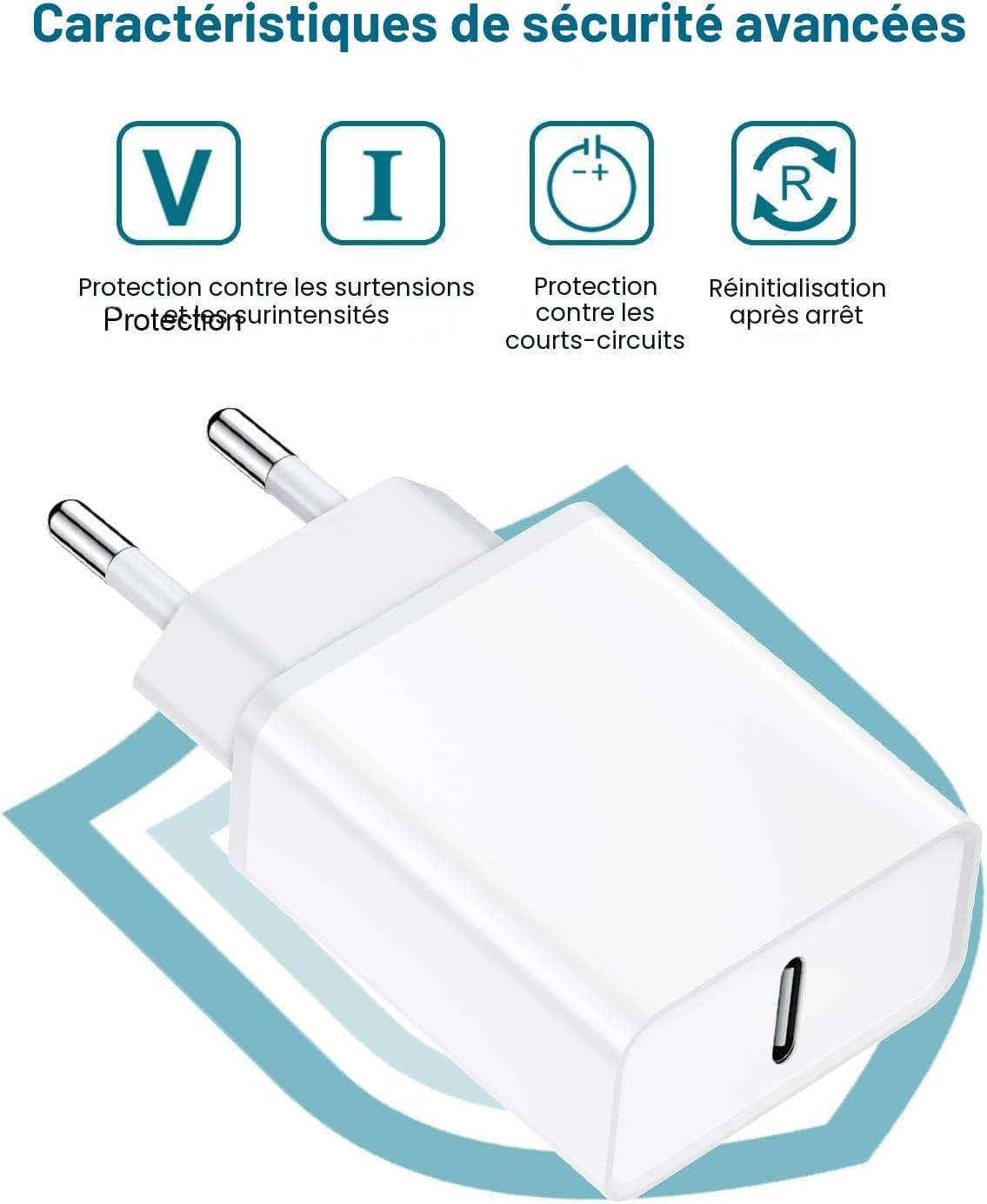 Detalle de Chargeur USB-C 25W rapide avec câble 3 m (USB-C vers USB-C) pour iPhone/iPad et plus