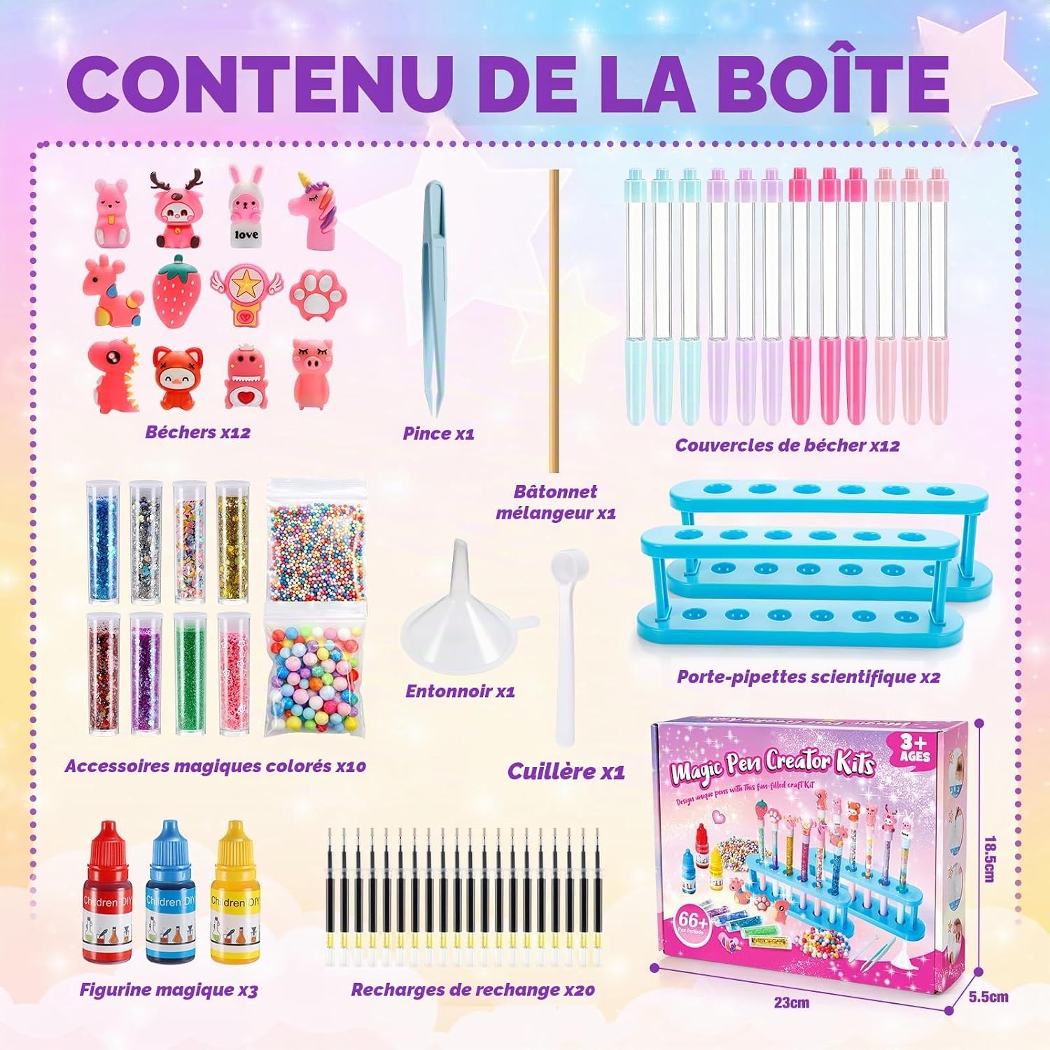Detalle de HappyKidsClub pennenmaakset met glitterpoeder en 20 inktpatronen