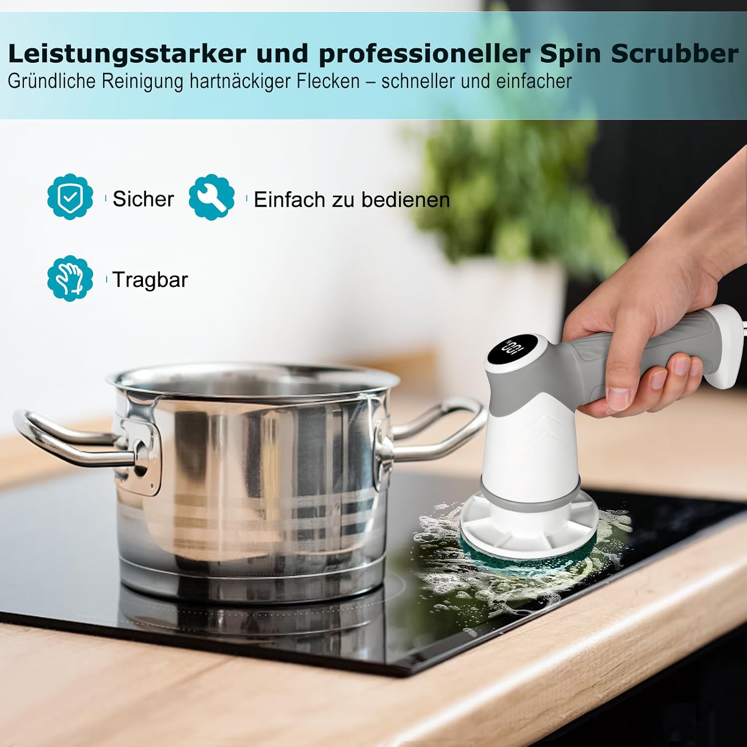 Detalle de BOOHENKA Elektrische Reinigungsbürste Upgraded 360° Spin Scrubber mit 6 Austauschakgaben – 5 Bürstenköpfe, 2000 mAh Akku, LED-Anzeige