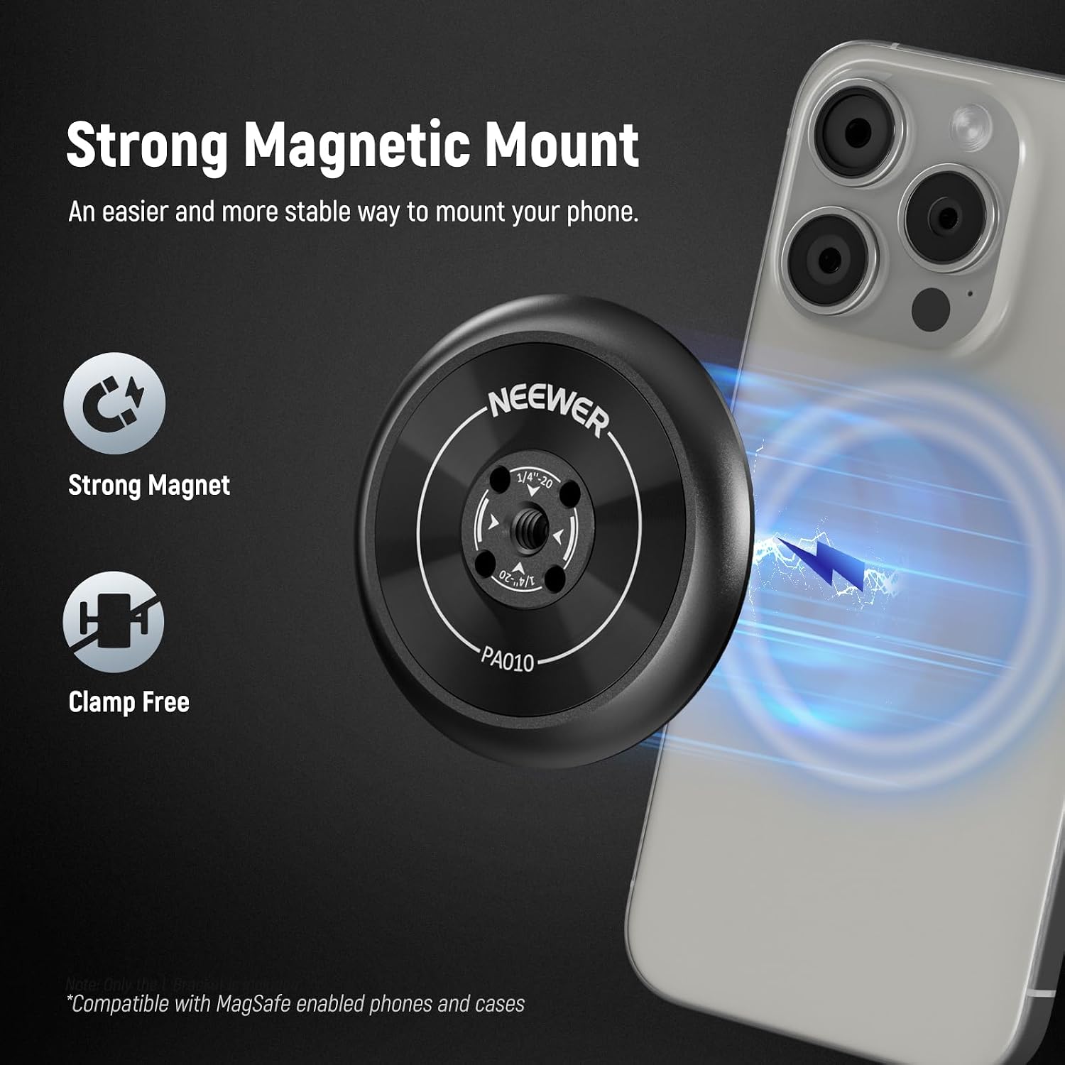 Detalle de NEEWER Magnetische Handy Stativhalterung Adapter PA010 mit Selbstklebendem Magnetring – kompatibel mit MagSafe iPhone 15 Pro Max bis 12, 1/4" Gewinde