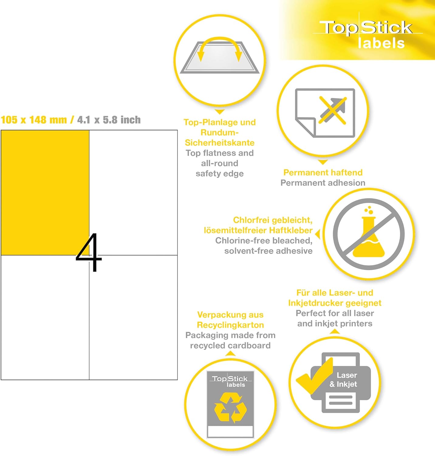 Detalle de TopStick Etichette multiuso autoadesive 4 etichette per foglio A4, 400 etichette (100 fogli) – bianco