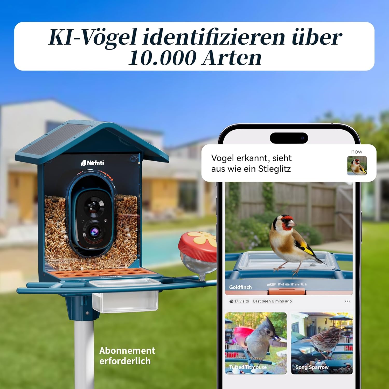 Detalle de Vogelhaus mit Kamera zur KI-Vogelerkennung (AI Identifizieren von Vögeln) – 2K Live View, WLAN 2,4/5 GHz, solarbetrieben